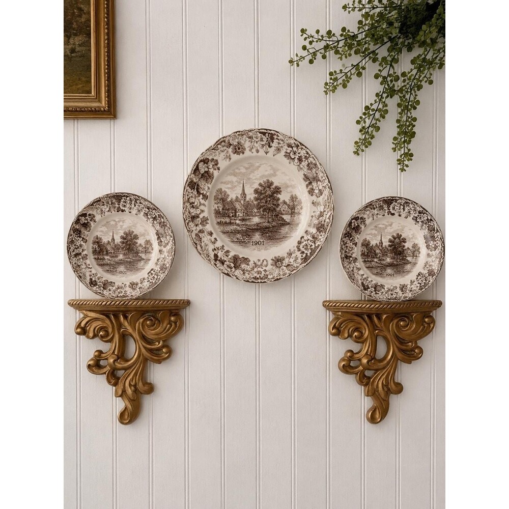 Vintage Ceramic Pair of 2 Gold Gilded Wall Shelf With Ornate Detailing